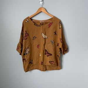 VIOLA BORGHI Butterfly Print 100% Linen Top 3/4 Sleeve Made in Italy Size Medium